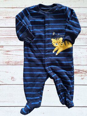 Carter's Baby Boy 3 Month Navy Blue Striped Fleece Footie Pajama With Cat